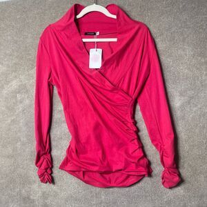 Luxveer Top Womens M Red Wrap V Neck Ruched Long Sleeve Casual Modern Chic